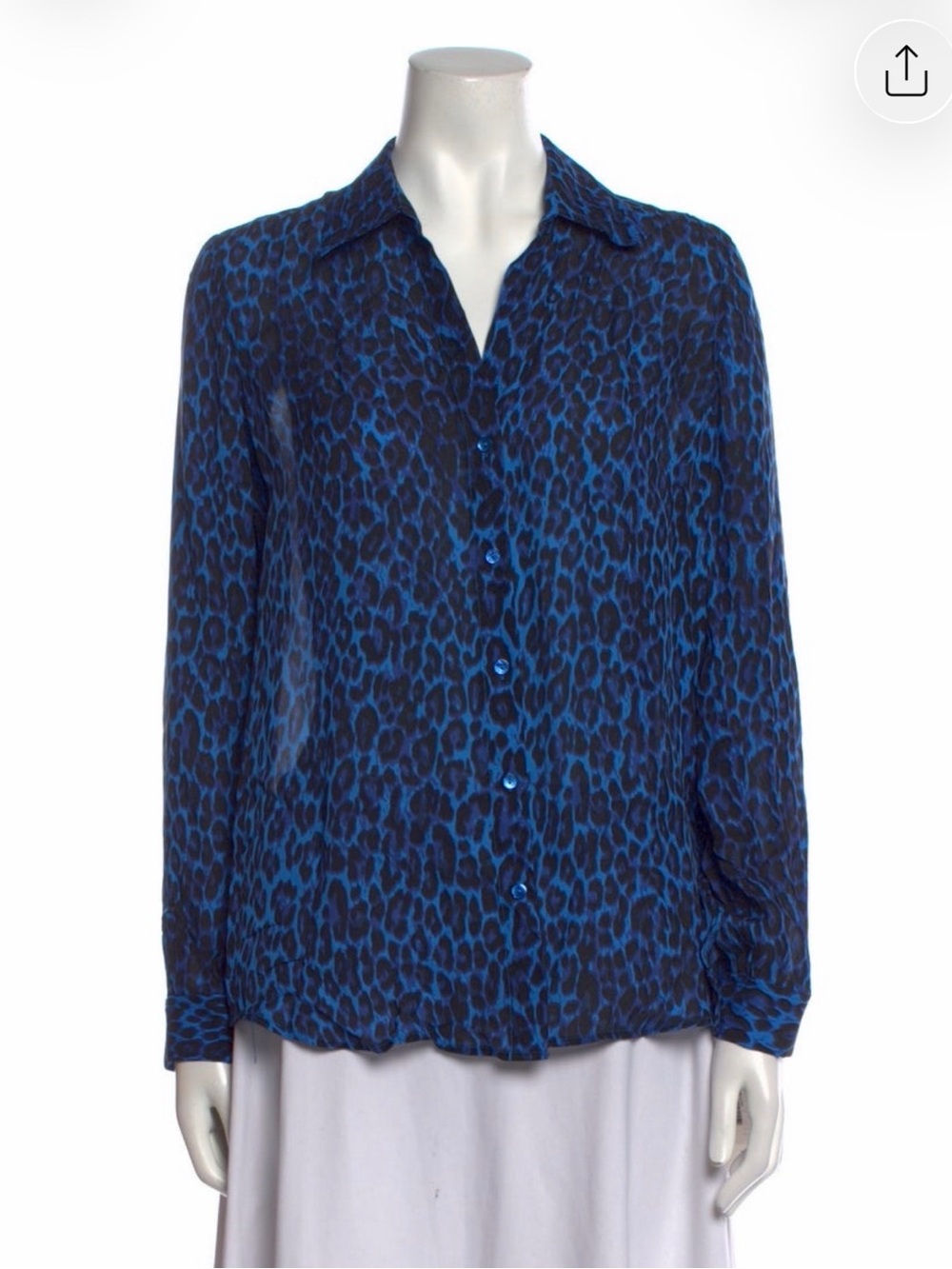 L'AGENCE Silk Blue and Black Leopard-Print Button Down Shirt